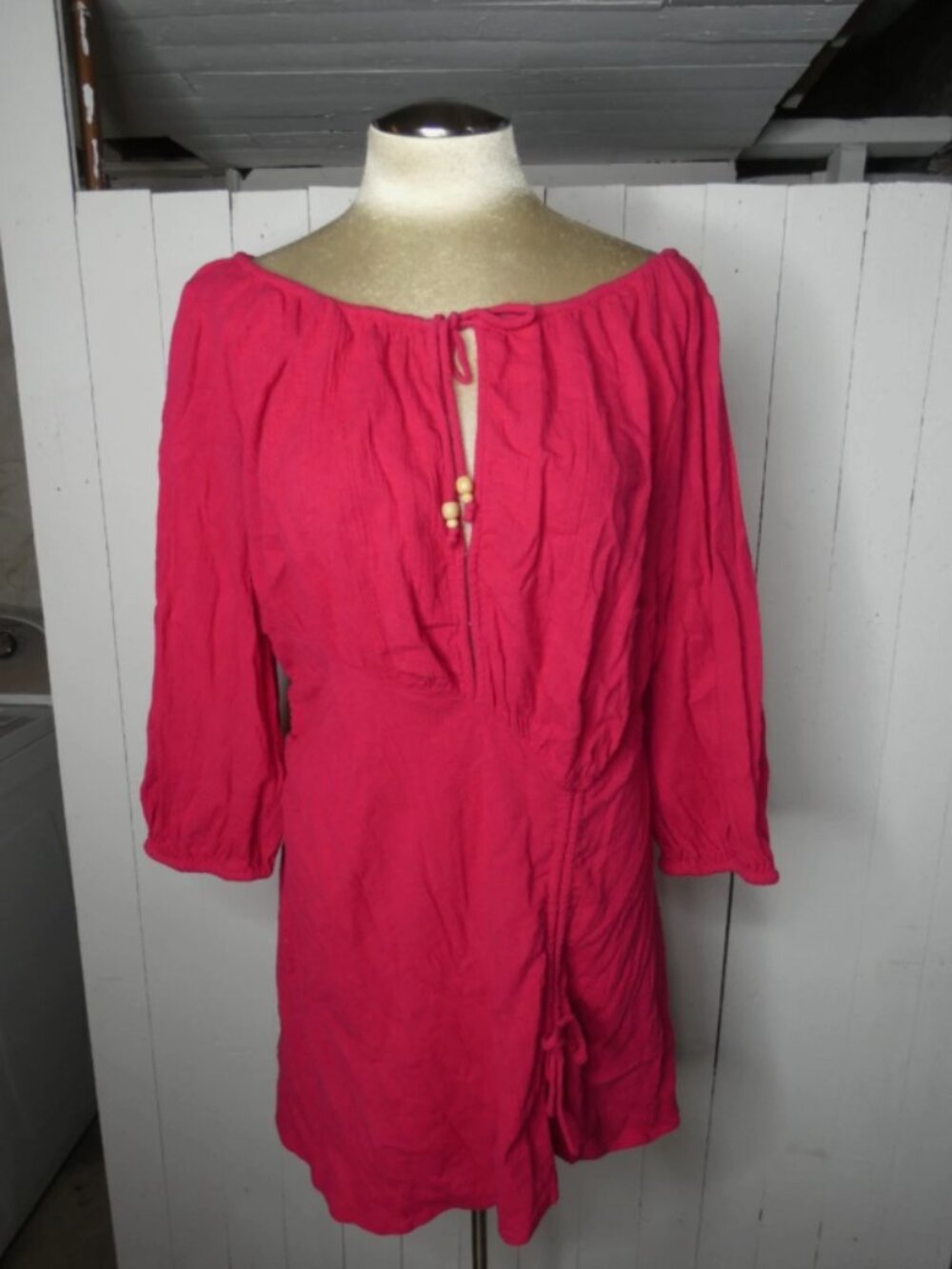 Free People Women's L Port Sunlight Hot Pink Mini Dress Side Ruched Cotton Linen